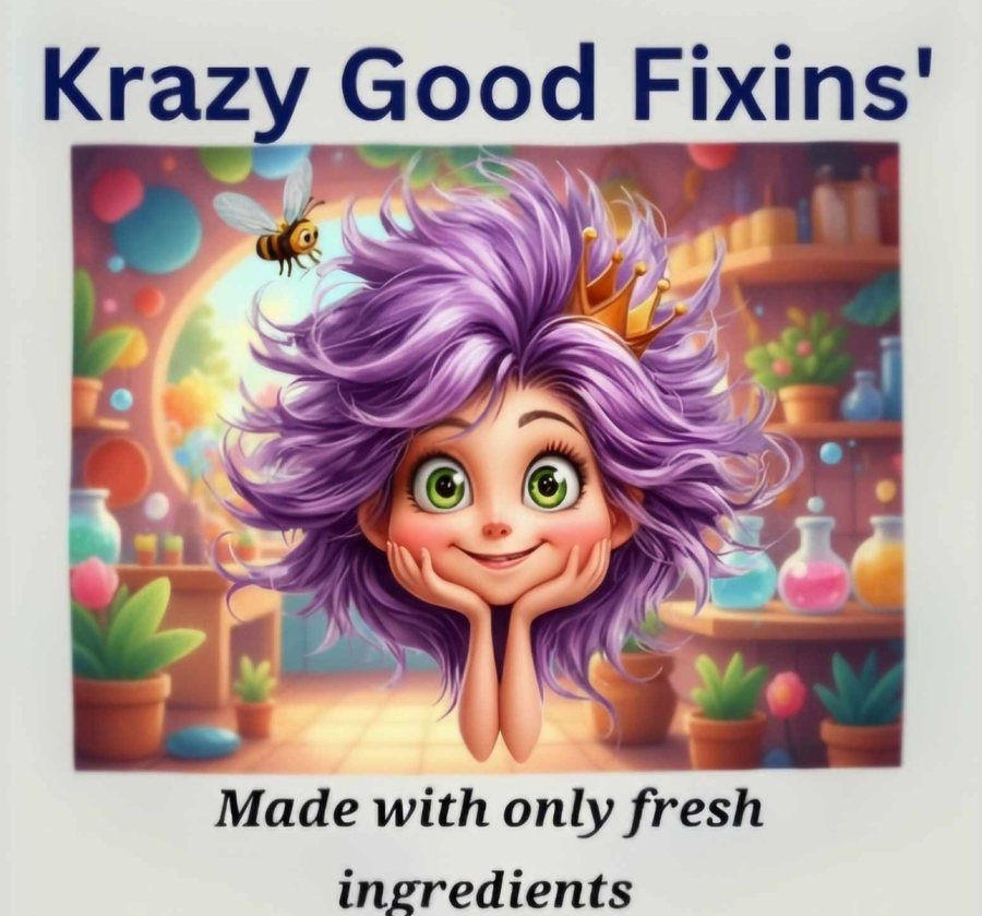 Krazy Good Fixins' logo: a cartoon cook with wild purple hair and a bee. Made with only fresh ingredients