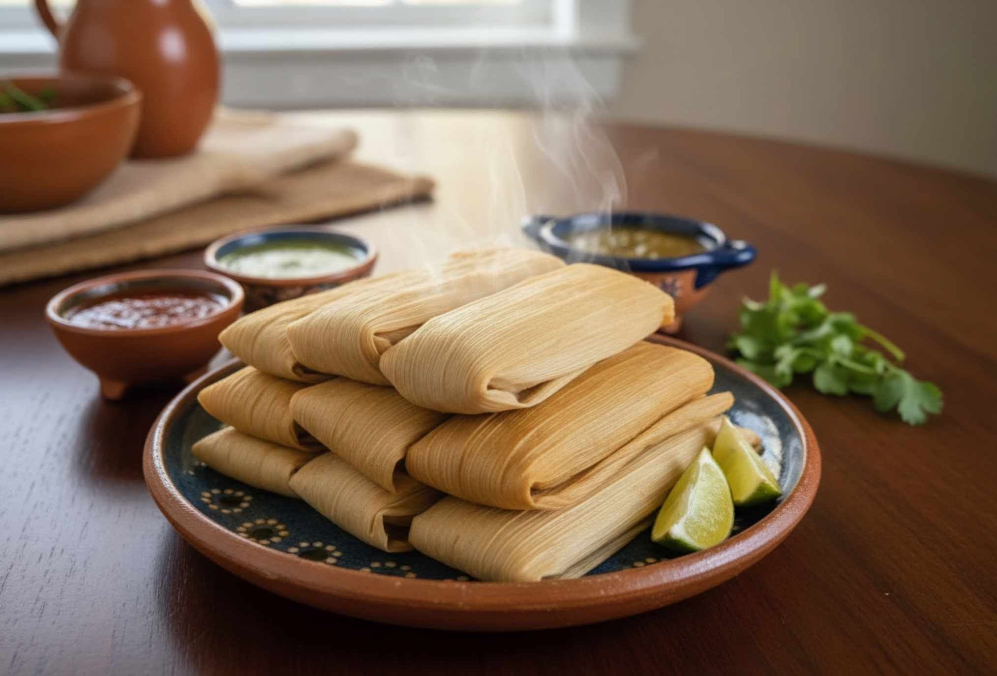 Tamales stacked on a plate with lime wedges